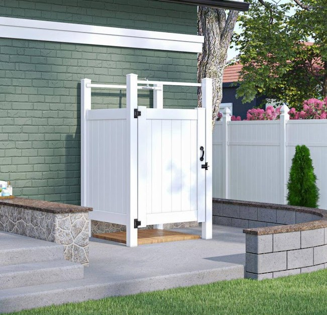 Pre-made vinyl outdoor shower kit ready for installation